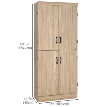 HOMCOM 70" 4-Door Storage Cabinet, Freestanding Pantry Cabinet with Adjustable Shelves for Living Room, Natural