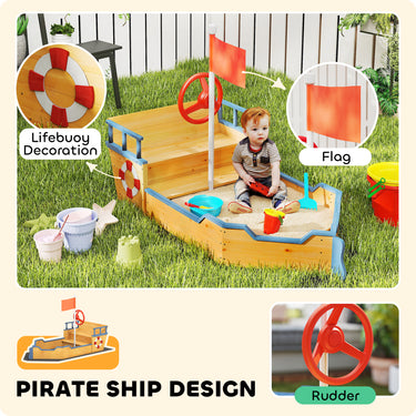 Outsunny Kids Wooden Sandbox Pirate Ship Sandboat Outdoor Backyard Playset Children Sandpit w/ Bench Seat Storage Space & Flag for 3-6 Years Old