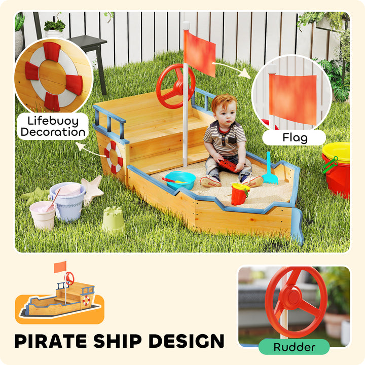 Outsunny Kids Wooden Sandbox Pirate Ship Sandboat Outdoor Backyard Playset Children Sandpit w/ Bench Seat Storage Space & Flag for 3-6 Years Old