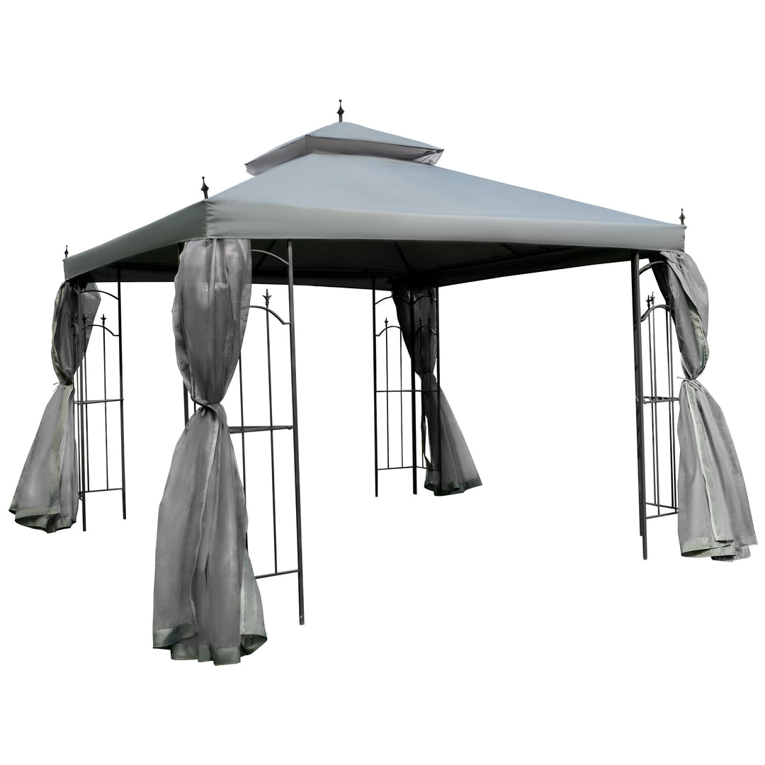 Outsunny 10' x 10' Steel Outdoor Patio Gazebo Canopy with Removable Mesh Curtains, Display Shelves, & Steel Frame, Grey