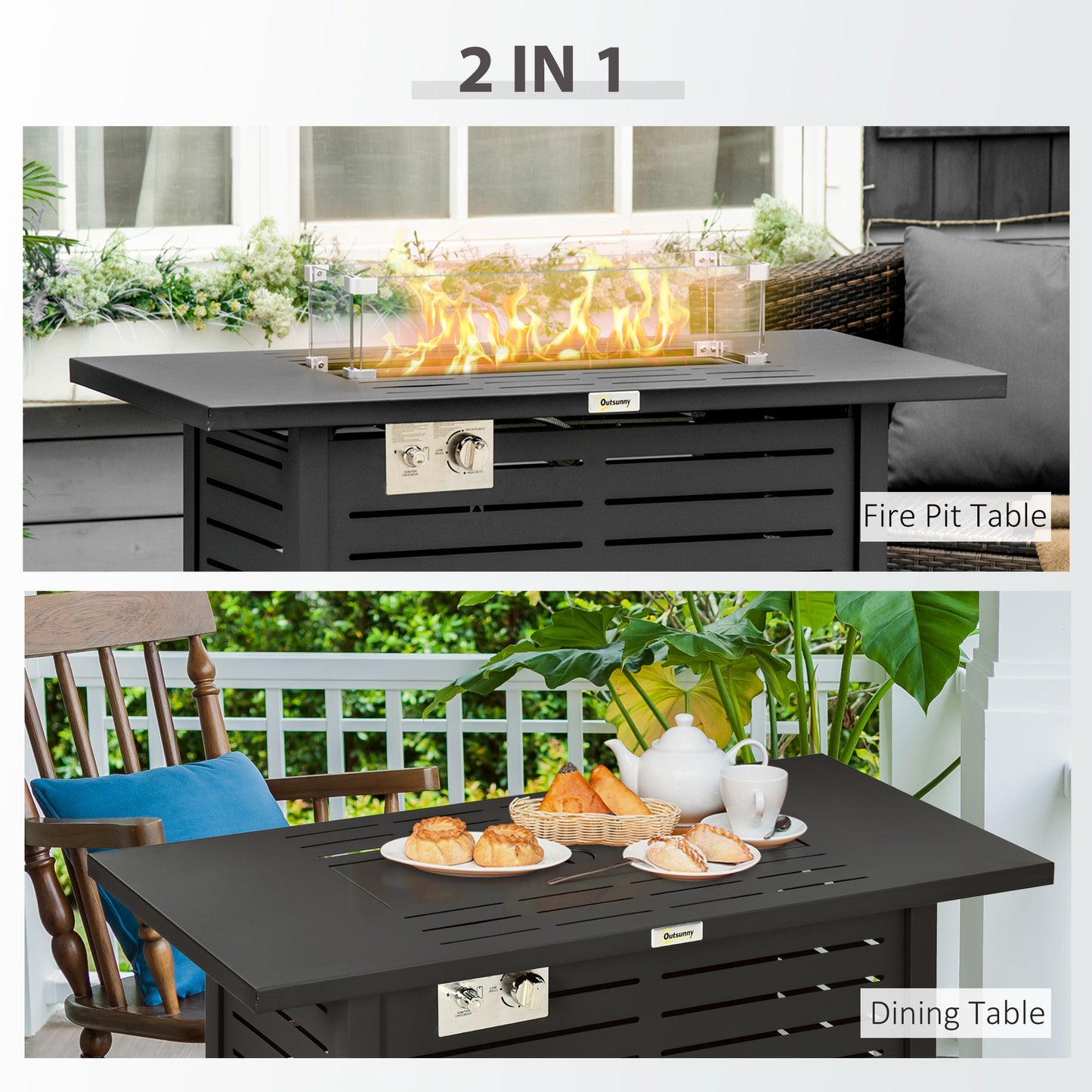 Outsunny Propane Gas Fire Pit Table, Outdoor Firepit with 43" Steel Tabletop and Lid, 50,000 BTU Pulse Ignition Fire Table w/ Stainless Steel Burner, Glass Wind Guard, and Cover