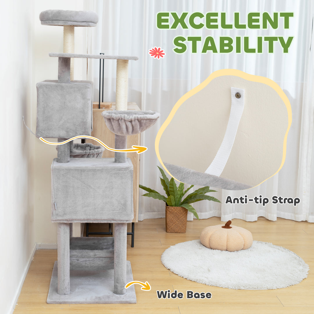PawHut 66 Inch Large Cat Tree with 2 Door Condos, 3 Big Hammocks, Plush Top Perch, Sisal Scratching Posts, Light Grey