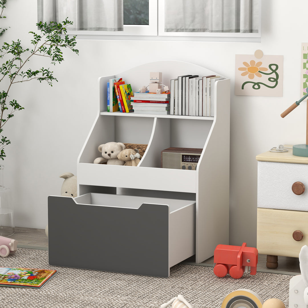 Qaba 3 Tier Kids Bookcase with Drawer, 2 Storage Compartment, for Nursery, Playroom, Bedroom, Classroom, White