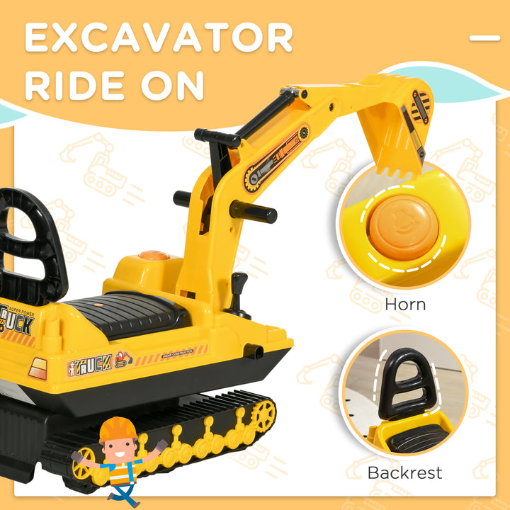 Qaba Toy Excavator Large Safe Educational Kids Construction Vehicle with Under Seat Storage, Realistic Sound, Treaded Wheels, No Power Design, Yellow