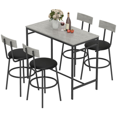 HOMCOM 5-Piece Bar Table Set, Industrial Bar Table and Stools for 4 with Footrest and Steel Frame for Kitchen, Cement Grey