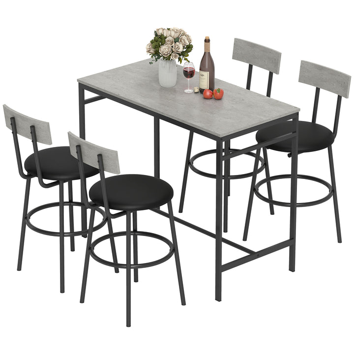 HOMCOM 5-Piece Bar Table Set, Industrial Bar Table and Stools for 4 with Footrest and Steel Frame for Kitchen, Cement Grey