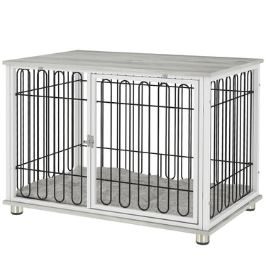 PawHut Dog Crate Furniture with Washable Cushion, Adjustable Feet for Medium Dogs, Indoor Use, Grey