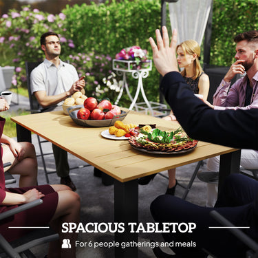 Outsunny 59" Outdoor Patio Table with Umbrella Hole, Outdoor Dining Table with Slatted Tabletop for Backyard Garden, Brown