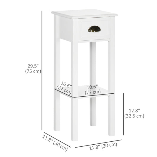HOMCOM 2 Tier Side Table, Set of 2, Narrow Tall End Table with Drawer and Shelf, Slim Wooden Nightstand for Living Room, Bedroom, Hallway, White