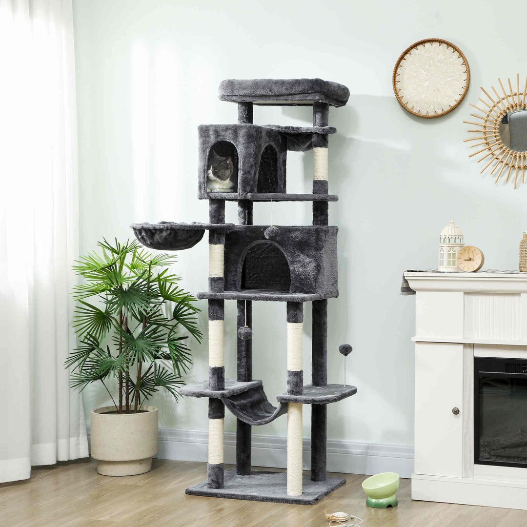 PawHut 69" Cat Tree, Multi-Level Cat Tower with 2 Condos, Plush Perch and Sisal Scratching Posts, Dark Grey