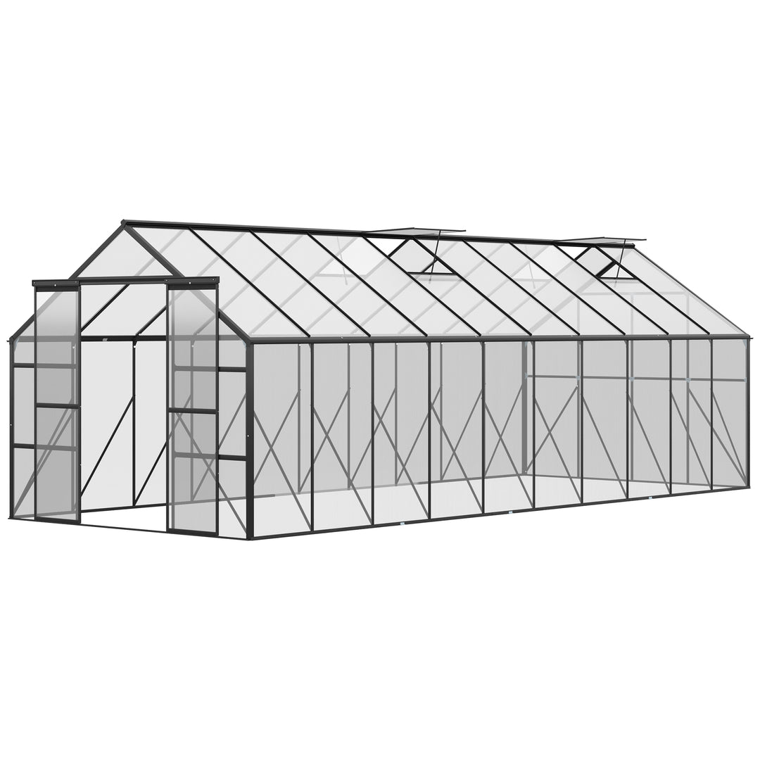 Outsunny 20' x 8' Aluminum Polycarbonate Greenhouse Walk-in Garden Greenhouse Kit with Adjustable Roof Vent, Rain Gutter and Sliding Door for Winter, Black