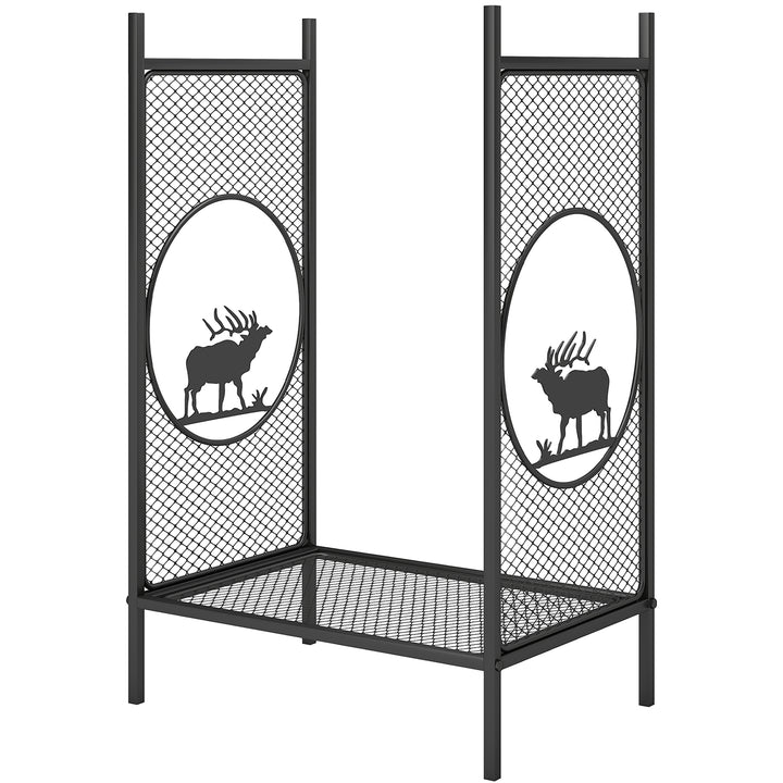 Outsunny Firewood Rack Outdoor, 19" Heavy Duty Metal Fireplace Log Holder with Mesh Sides and Decorative Deer Patterns