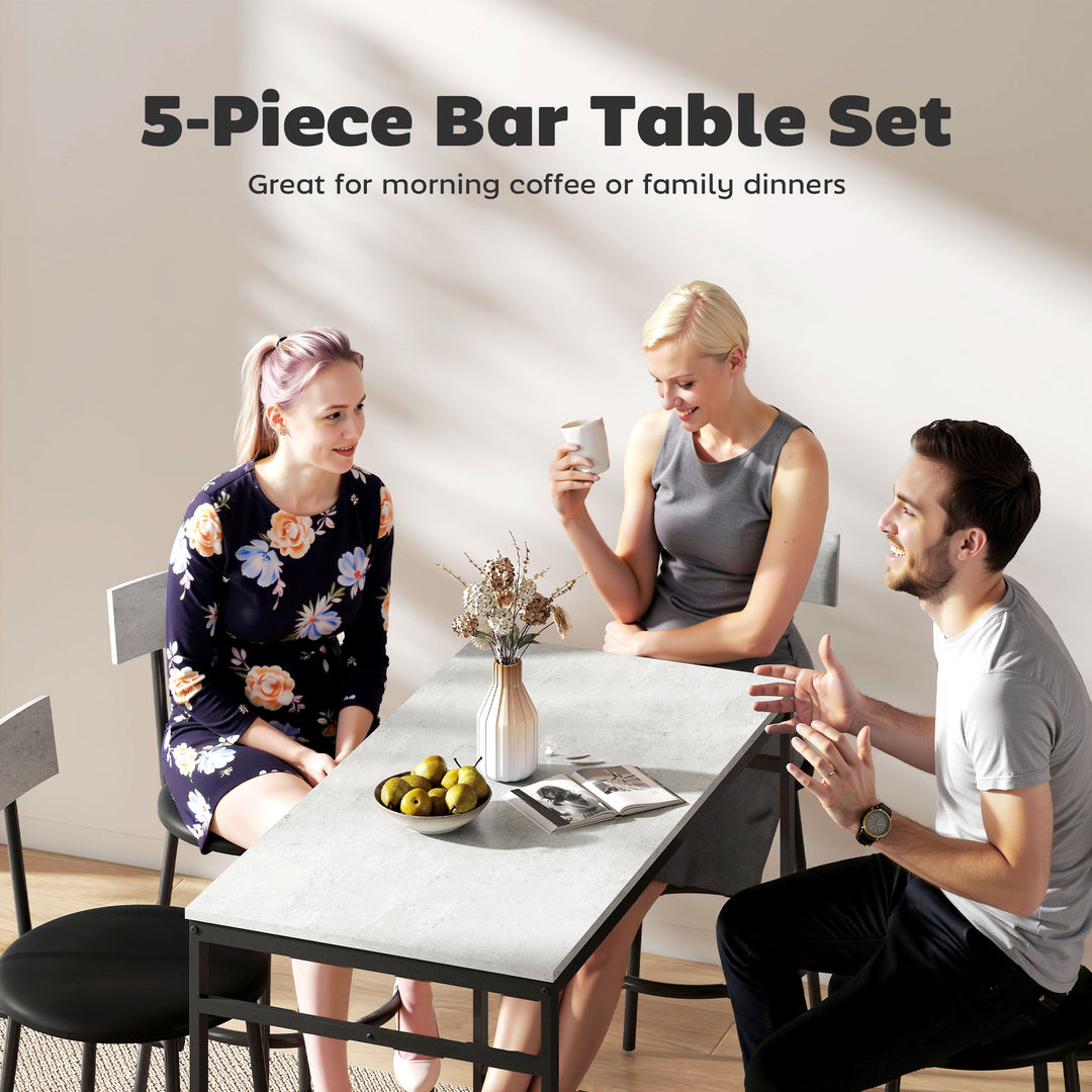 HOMCOM 5-Piece Bar Table Set, Industrial Bar Table and Stools for 4 with Footrest and Steel Frame for Kitchen, Cement Grey