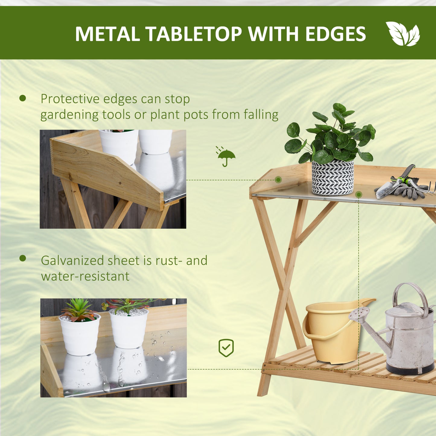 Outsunny Garden Potting Bench Table, Wooden Work Station, Outdoor Planting Workbench w/ Galvanized Metal Tabletop and Storage Shelf