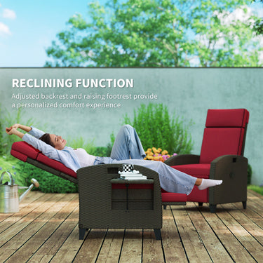 Outsunny Outdoor Recliner Chair with Adjustable Backrest, Cushion, Side Tray, Wine Red