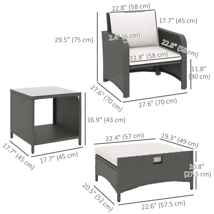 Outsunny 5 Piece Rattan Balcony Furniture Set, Wicker Outdoor Furniture Set with 2-Tier Coffee Table, Ottomans, Grey, Cream White