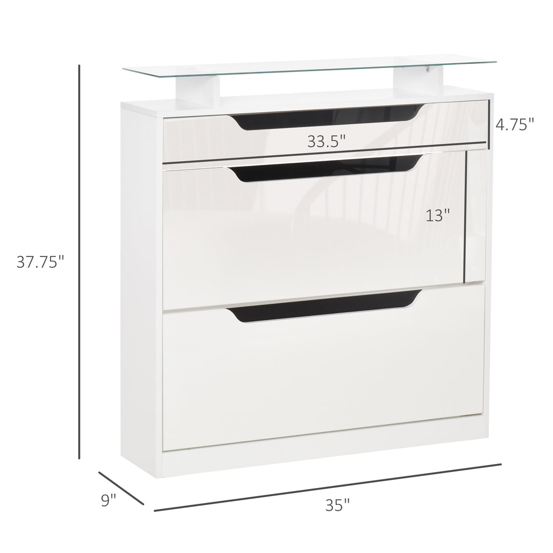 HOMCOM High Gloss Shoe Cabinet with 2 Flip Drawers and Adjustable Shelves, Narrow Shoe Storage Cabinet with Glass Top, White
