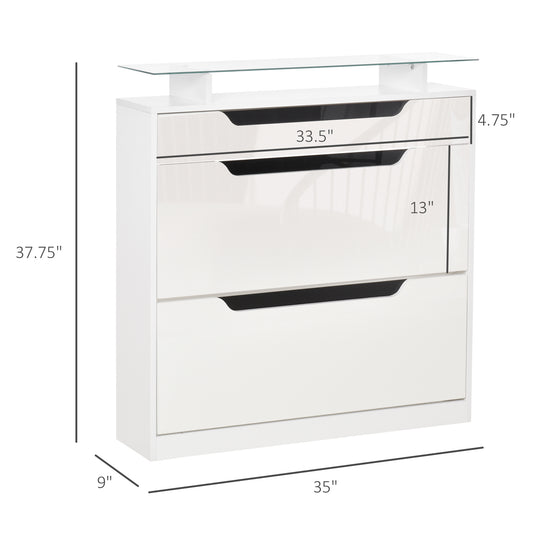 HOMCOM High Gloss Shoe Cabinet with 2 Flip Drawers and Adjustable Shelves, Narrow Shoe Storage Cabinet with Glass Top, White