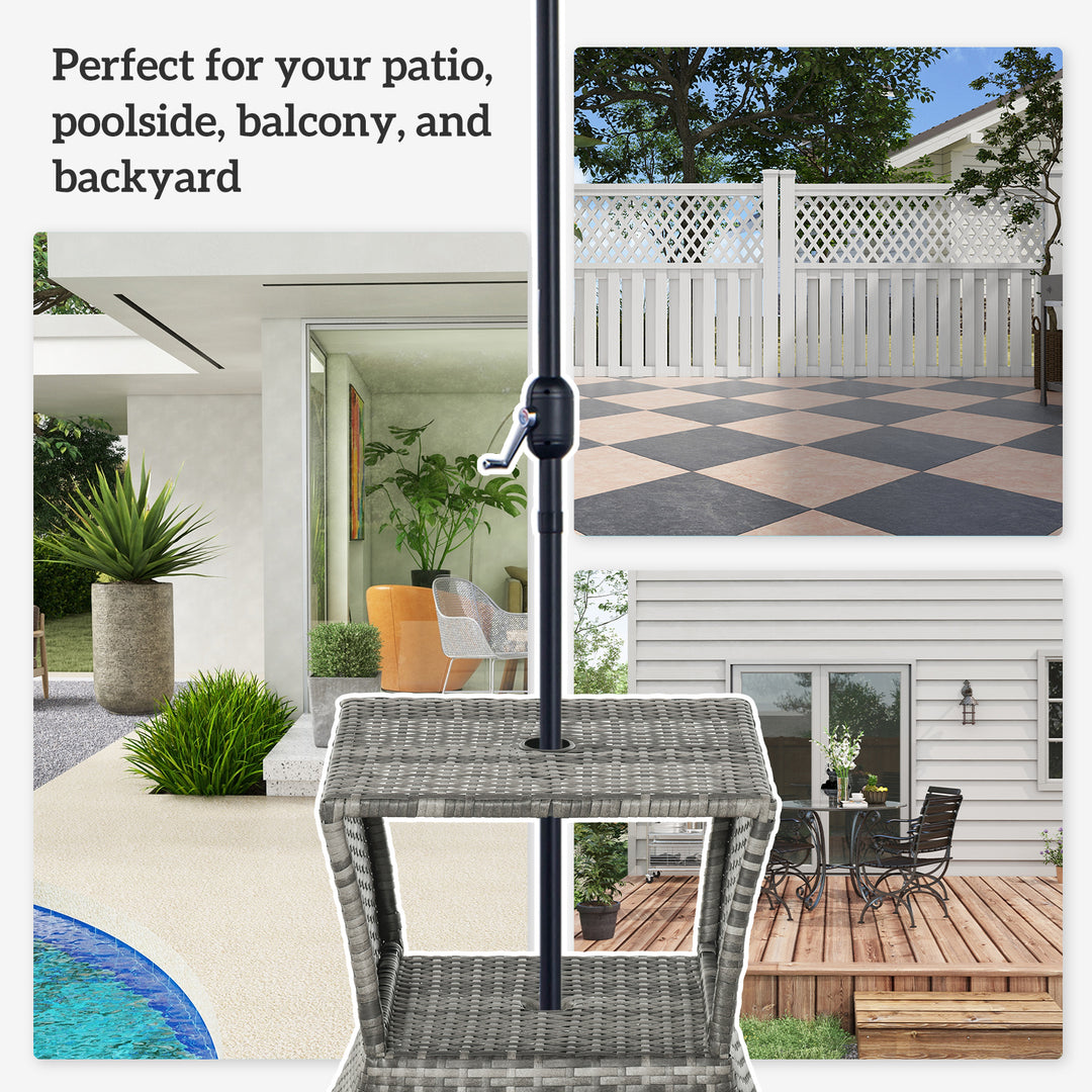 Outsunny Rattan Wicker Side Table, 21.3" Square Outdoor End Table with Umbrella Hole 2-Tier Storage for Patio Garden Mixed Brown