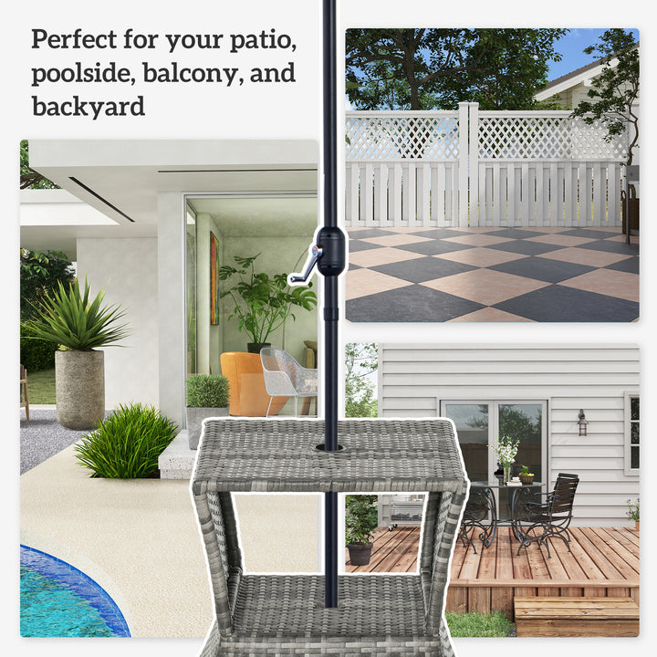 Outsunny Rattan Wicker Side Table, 21.3" Square Outdoor End Table with Umbrella Hole 2-Tier Storage for Patio Garden Mixed Brown