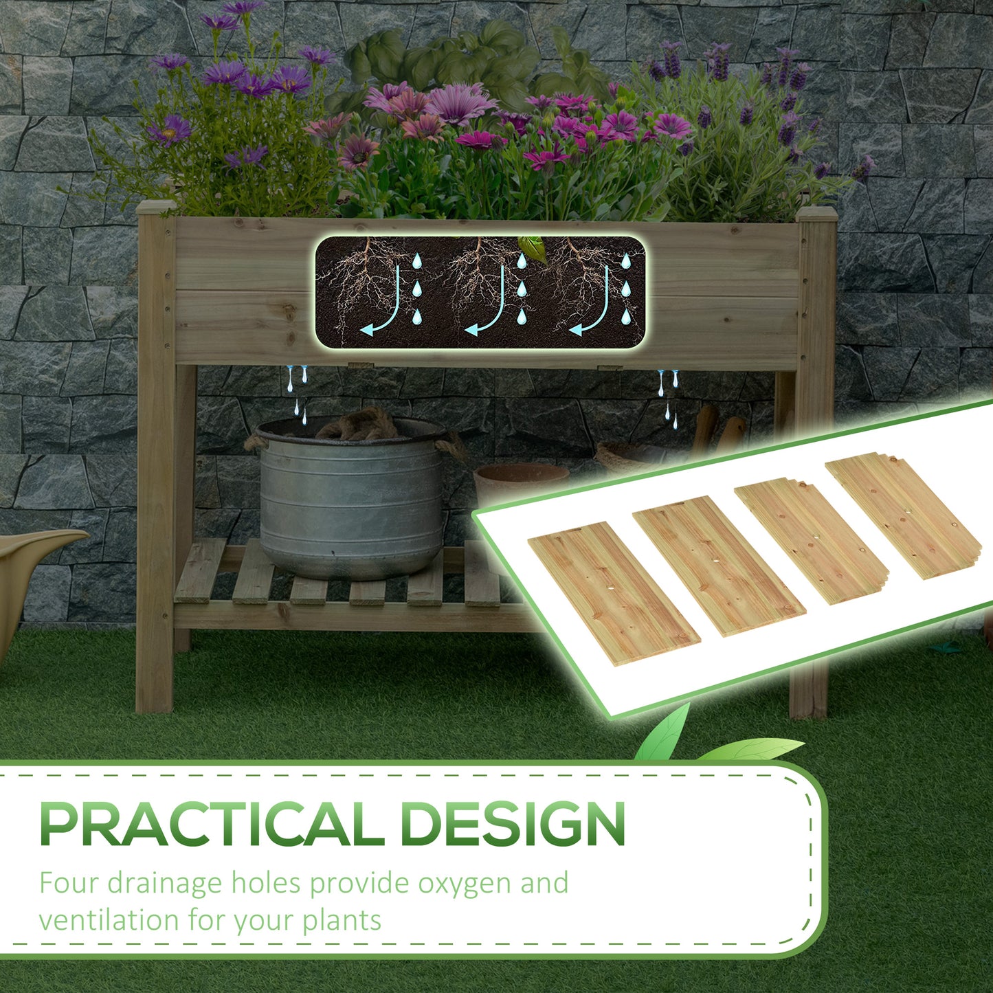 Outsunny 45" x 22" x 33" Elevated Planter Box w/ Legs and Storage Shelf, Raised Garden Bed, Elevated Wooden Planter Box, Gardening Standing Growing Bed for Backyard Patio Balcony