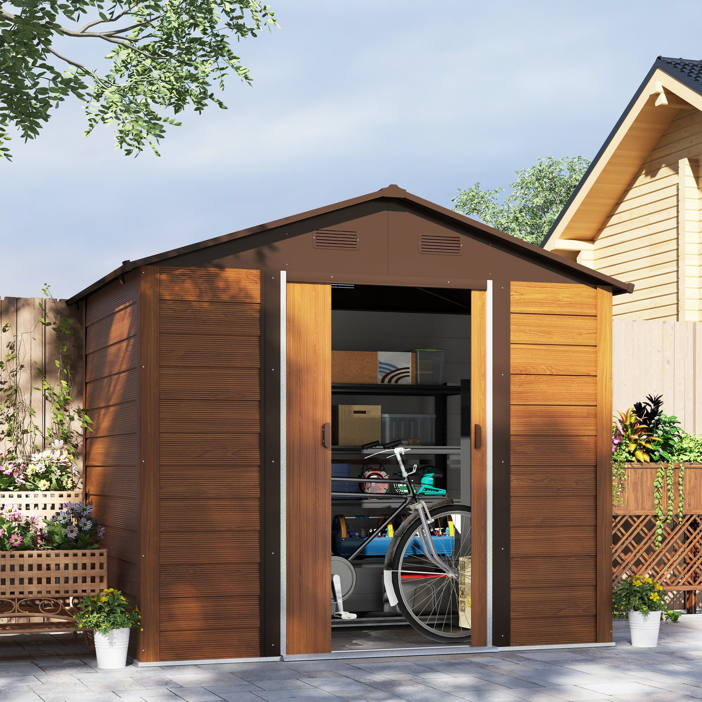 Outsunny 7.7' x 6.5' Outdoor Metal Garden Shed House Hut Gardening Tool Storage with Ventilation, Light Grey