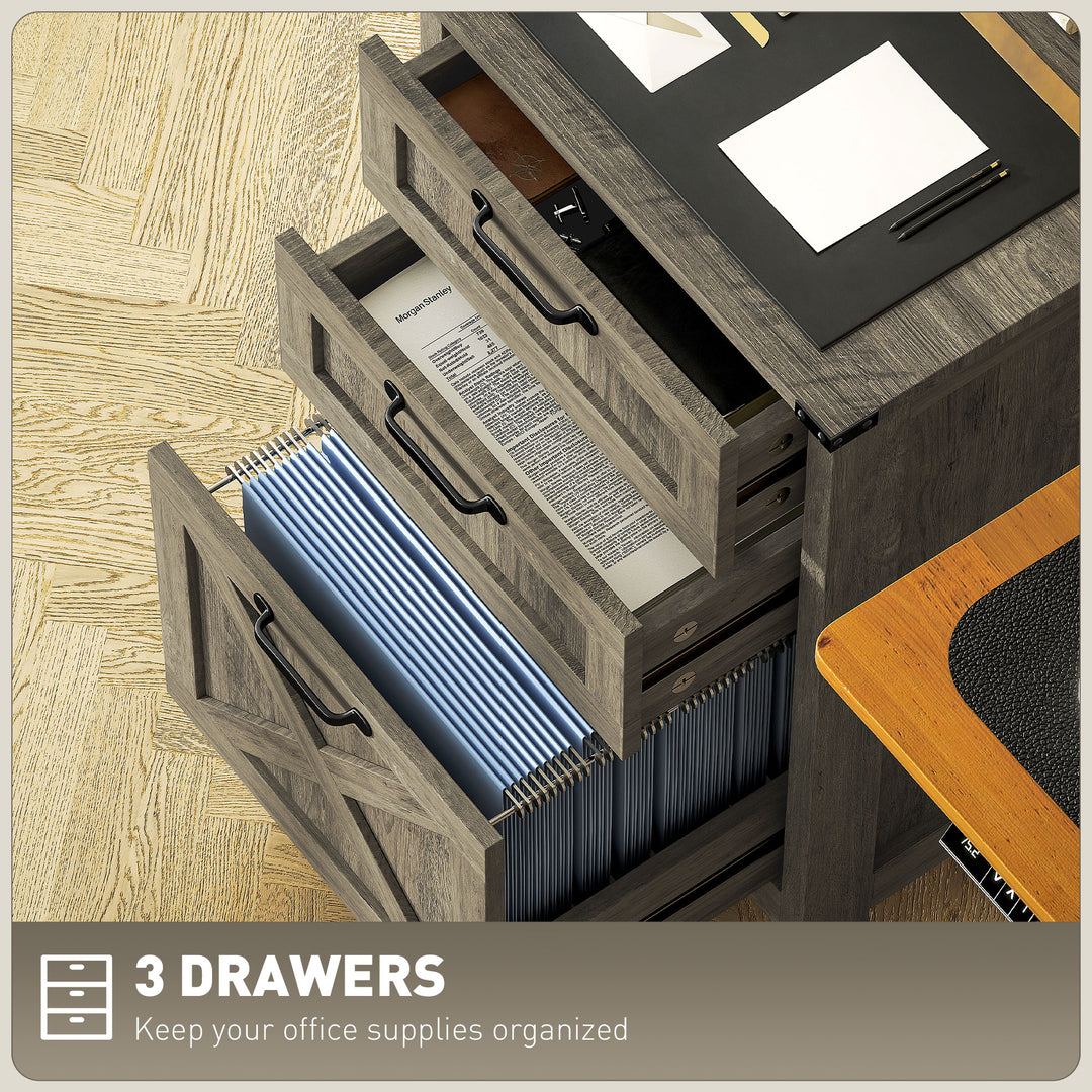 HOMCOM Vertical Filing Cabinet with 3 Drawers, Rustic Farmhouse Office Storage Cabinet for A4, Letter Size, Stone Grey