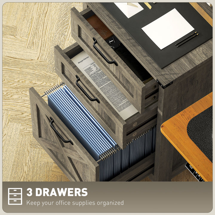 HOMCOM Vertical Filing Cabinet with 3 Drawers, Rustic Farmhouse Office Storage Cabinet for A4, Letter Size, Stone Grey