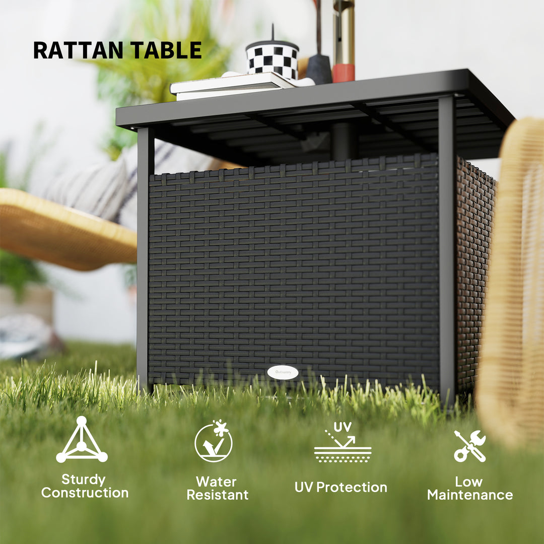 Outsunny 21.75" Outdoor Rattan Wicker Patio Coffee Table with Umbrella Hole, Patio Side Table with Slatted Metal Top, Brown