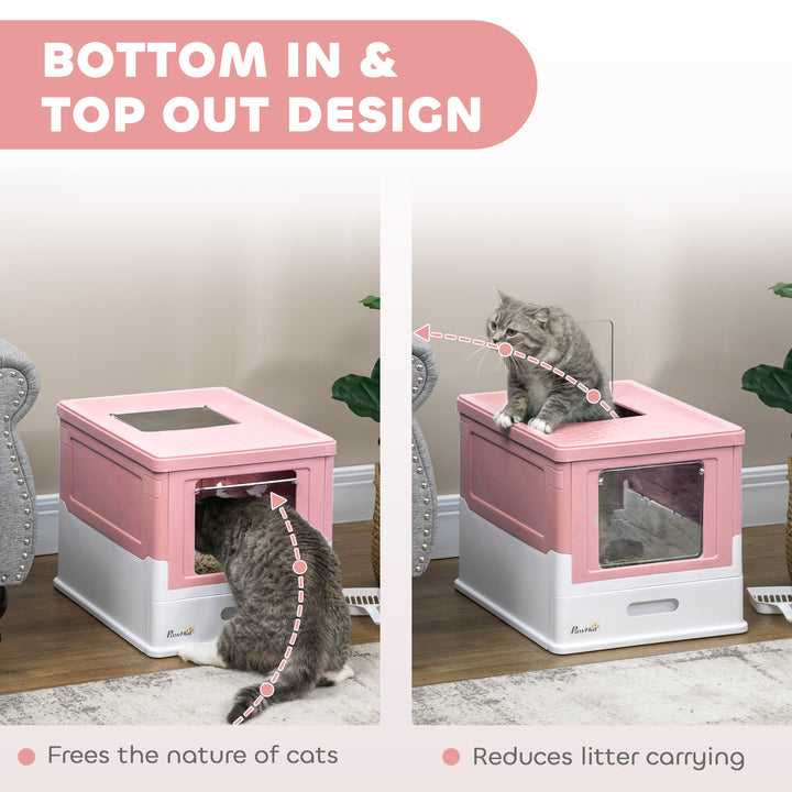 PawHut Top Entry Enclosed Kitty Litter Box with Scoop, Tray, Front Entry, Large Space, Foldable, Portable, Grey