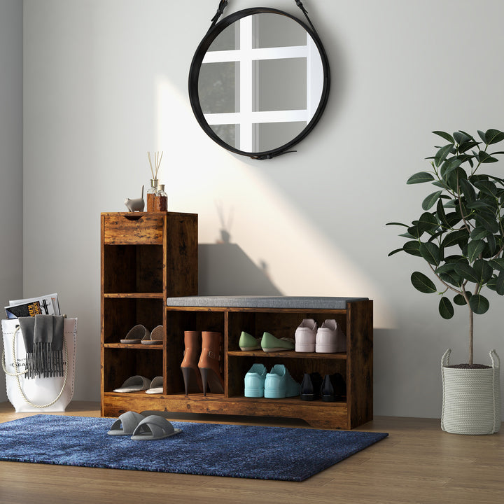 HOMCOM Upholstered Shoe Storage Bench w/ Seat, Entrance Bench w/ Drawer and 6 Open Shelves for Hallway, White