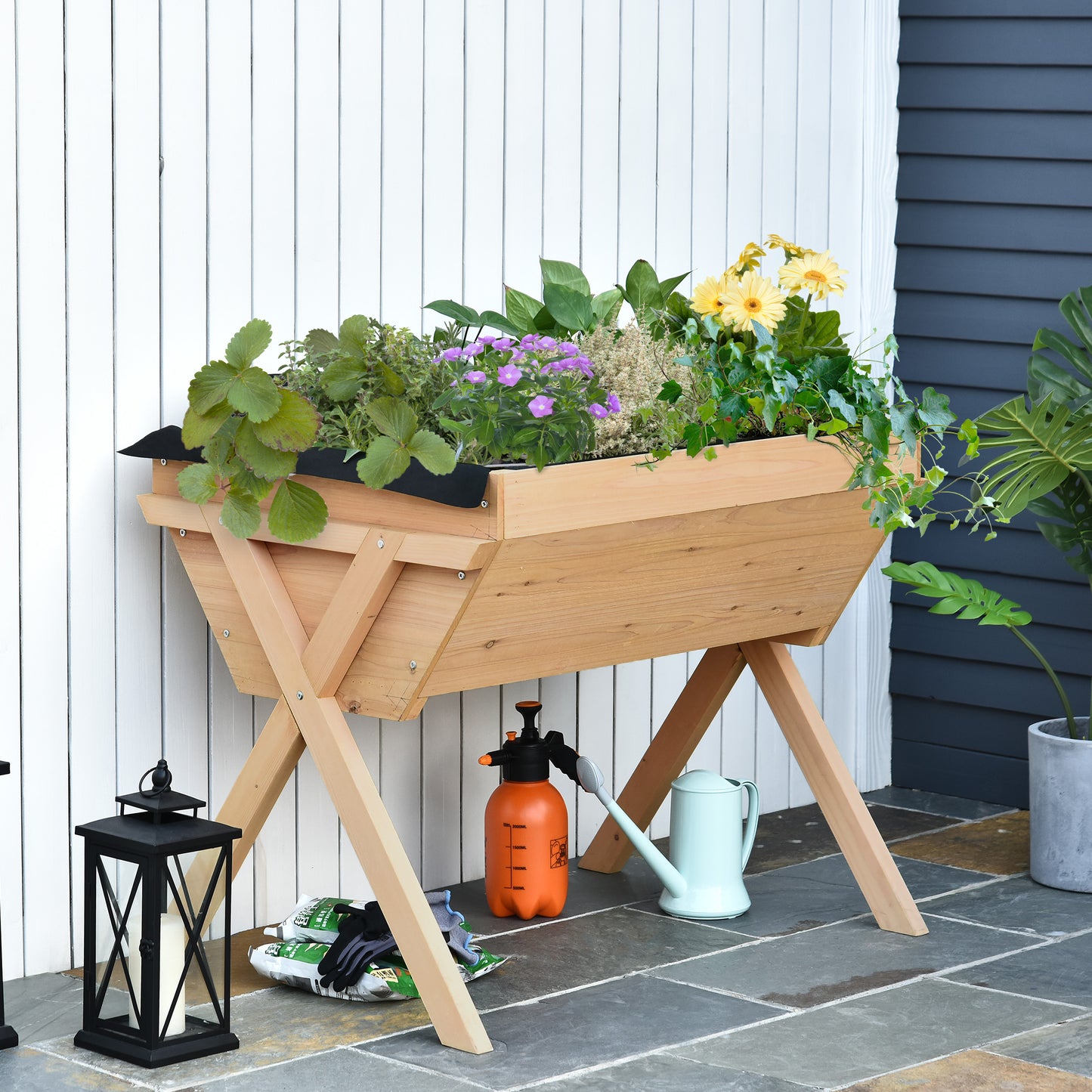 Outsunny 39'' x 28'' Raised Garden Bed with Legs, Elevated Wooden Planter Box with Bed Liner for Vegetables, Flowers Herbs, Backyard Patio Balcony Use