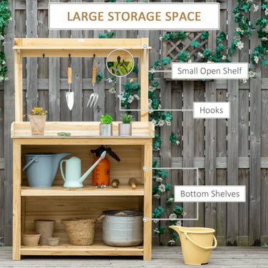 Outsunny Potting Bench Table, Wooden Garden Workstation Bench with Galvanized Metal Tabletop, Storage Shelves and Hooks for Patios, Courtyards, Balcony