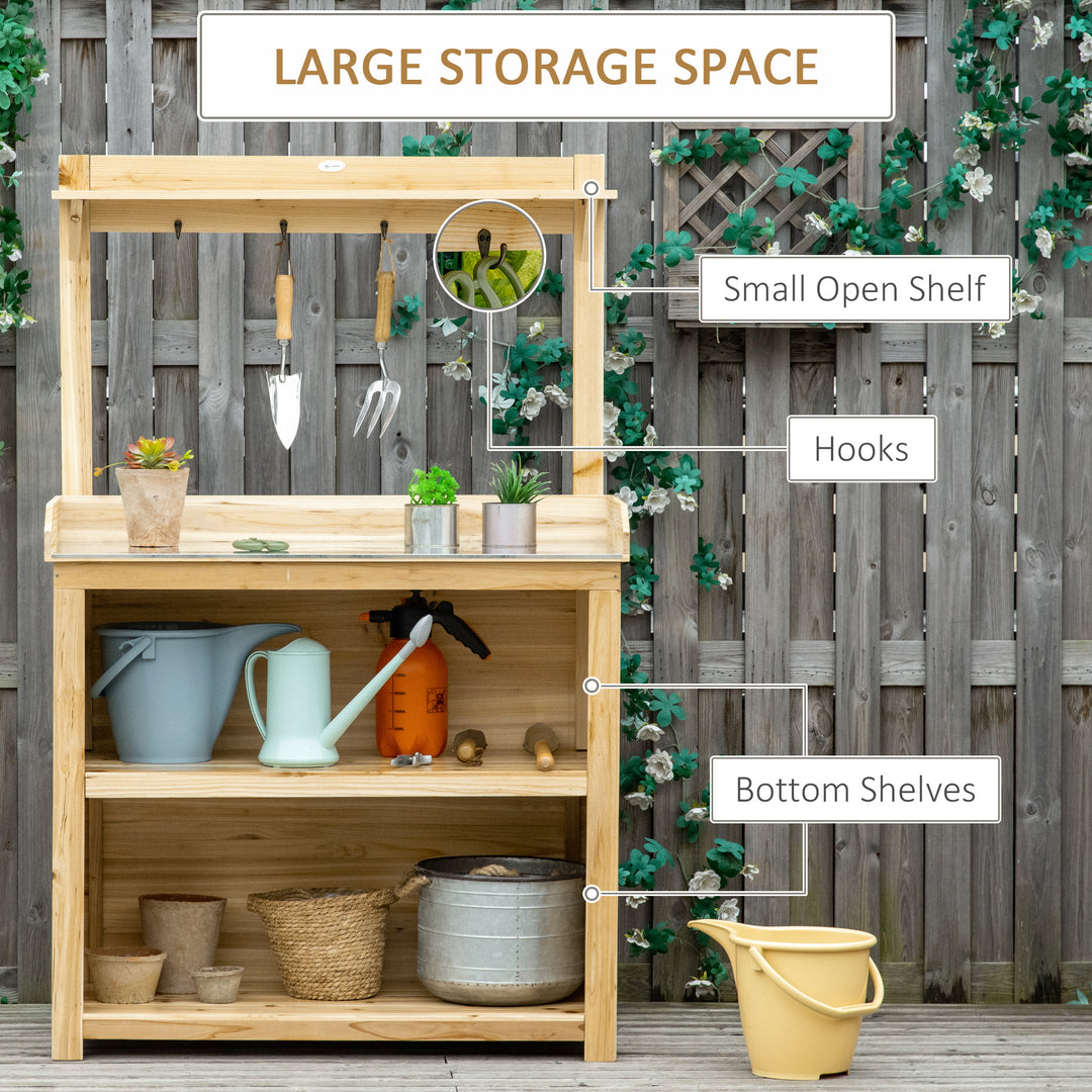 Outsunny Potting Bench Table, Wooden Garden Workstation Bench with Galvanized Metal Tabletop, Storage Shelves and Hooks for Patios, Courtyards, Balcony