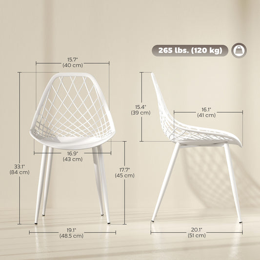 HOMCOM Modern Dining Chairs Set of 4, Plastic Kitchen Chairs with Hollow Backrest and Metal Legs for Living Dining Room, White