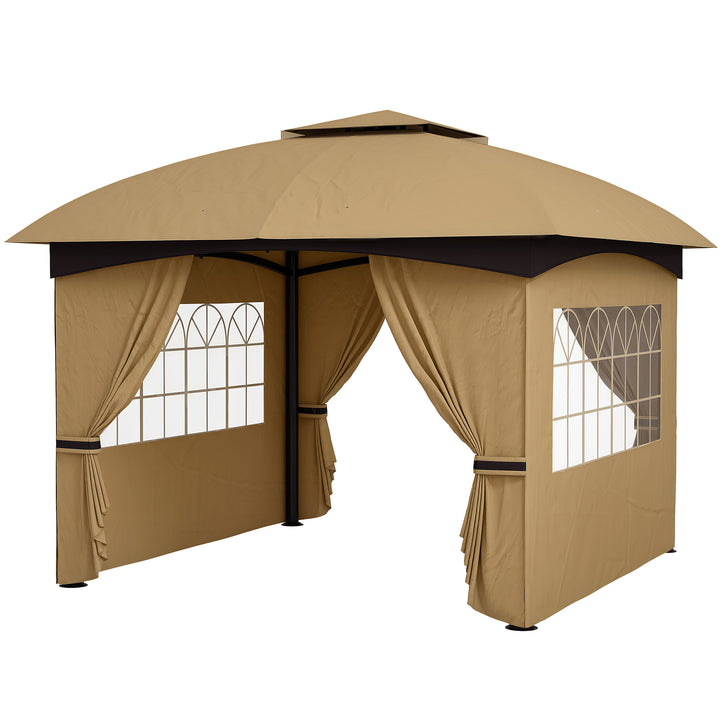 Outsunny 11' x 11' Outdoor Gazebo, Double Roof Patio Gazebo Canopy with Curtains, Church Windows, Galvanised Steel Frame, Beige
