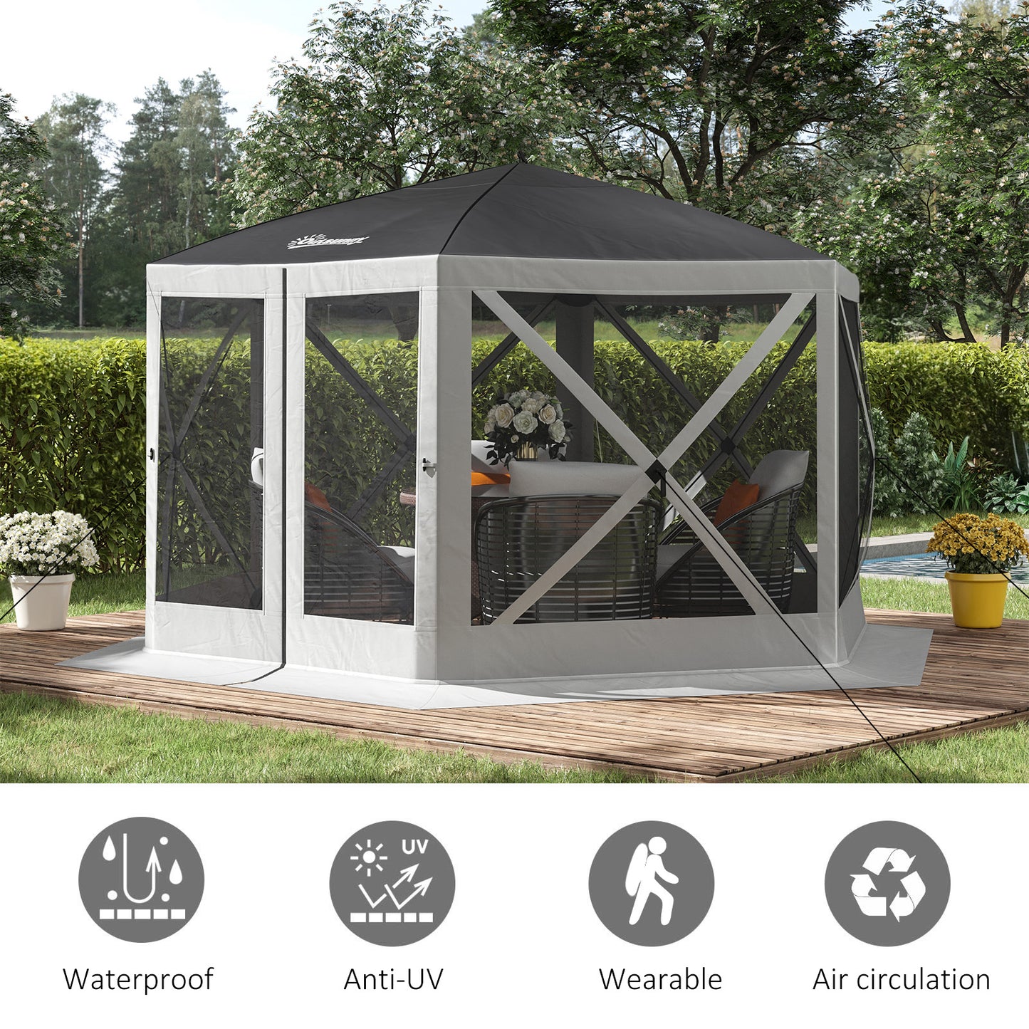 Outsunny 12' x 12' Hexagon Automatic Pop Up Screen Tents Camping Shelter Picnic Canopy Outdoor Sun Shade w/ Mesh Sidewalls and Carry Bag Beige