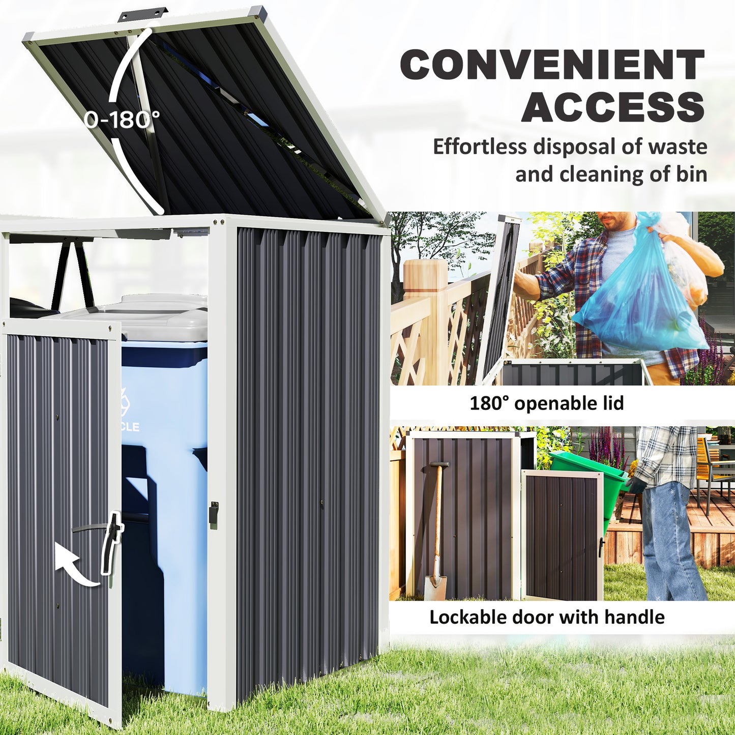 Outsunny Double Garbage Bin Shed, Lockable Outdoor Storage Shed with Openable Lid, Galvanized Frame for Garden Patio, Dark Grey