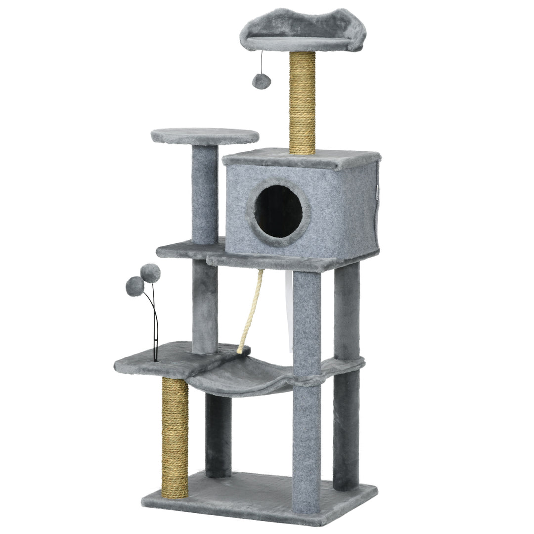 PawHut 54" Cat Tree for Larger Cats Adult with Hammock, Tal Cat Tree Tower with Scratching Post, Condo, Platforms, Play Balls for Indoor Cats, Grey