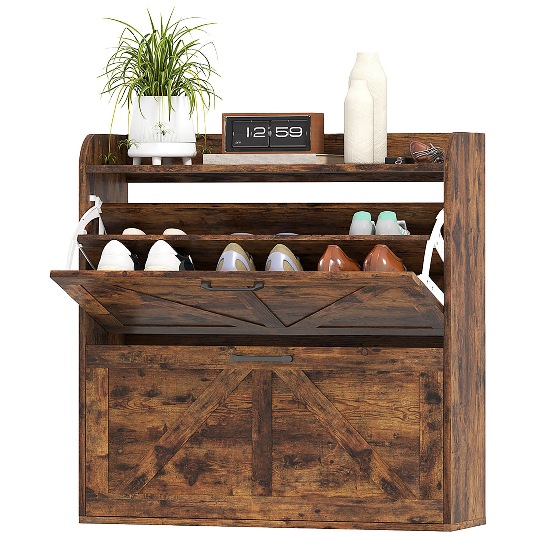 HOMCOM Narrow Shoe Storage Cabinet, Farmhouse Slim Shoe Cabinet with 2 Flip Drawers, Adjustable Shelves, White Oak