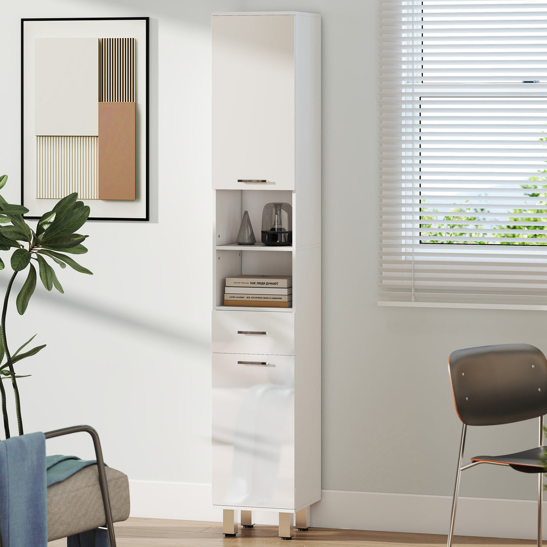 kleankin 71" Tall Bathroom Storage Cabinet, Narrow Linen Tower with Drawer, Open Shelves, 2 Doors Cabinets and Adjustable Shelves, High Gloss White
