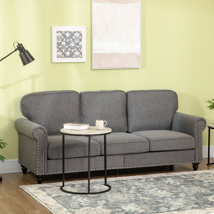 HOMCOM 3-Seater Sofa Couch, 81" Modern Upholstered Linen Fabric Sofa with Rubberwood Legs, Nailhead Trim and Rolled Arms for Living Room, Bedroom and Apartment, Grey