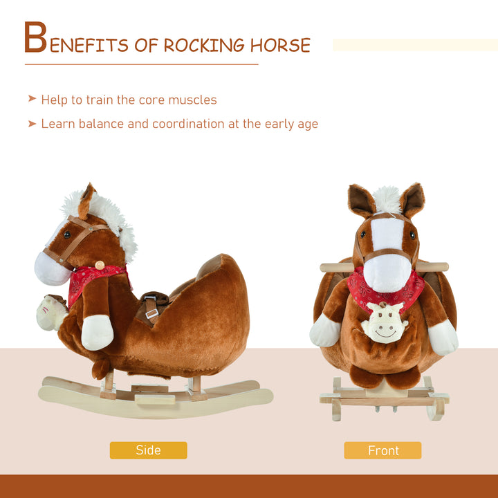Qaba Kids Ride On Rocking Horse with Cradlesong Handle Grip Hand Puppet Traditional Toy Gift for Children 18-36 Months Rocking Toy for Toddler Brown