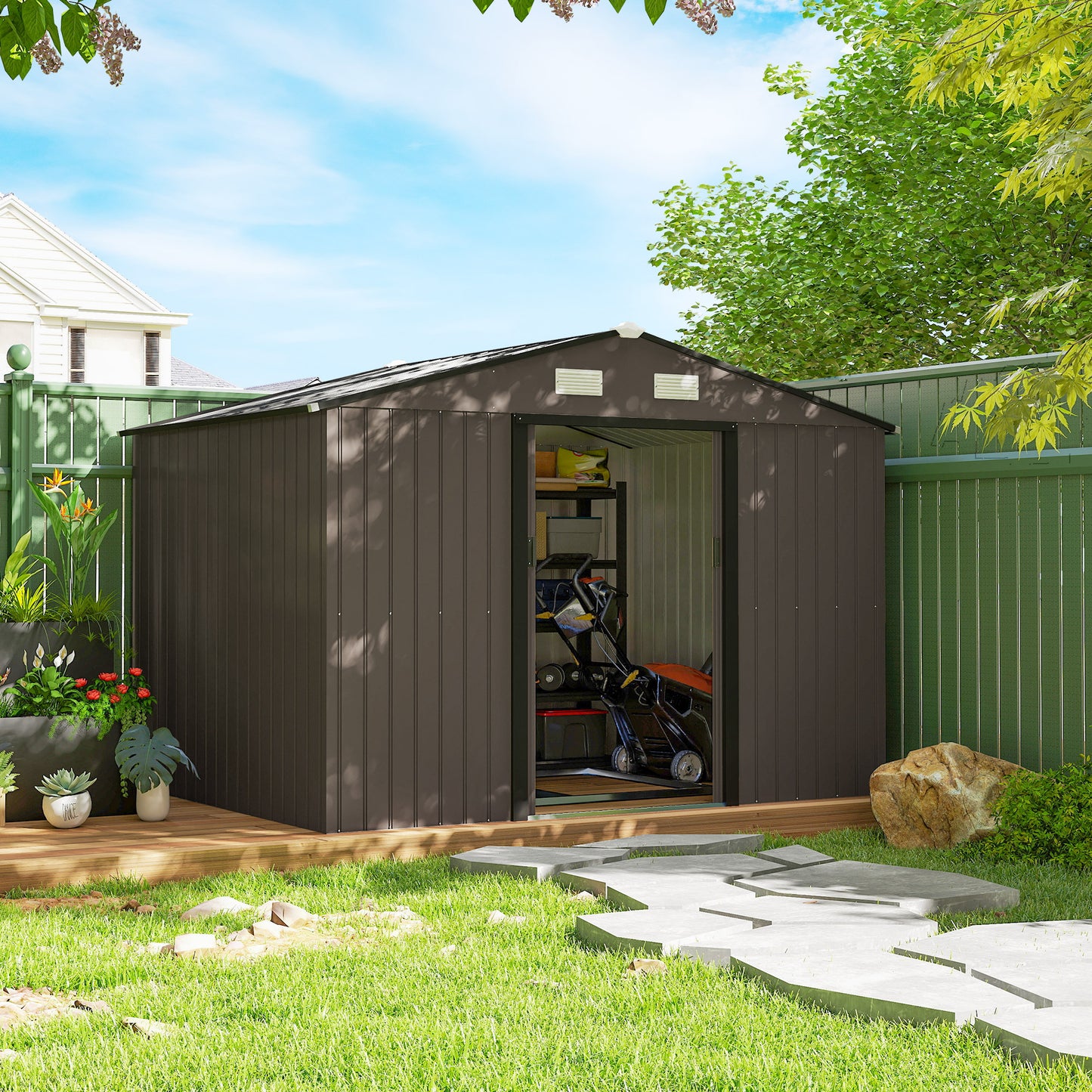 Outsunny 11' x 13'Garden Storage Shed w/ Foundation Kit Metal Tool Storage House w/ Double Doors Yellow
