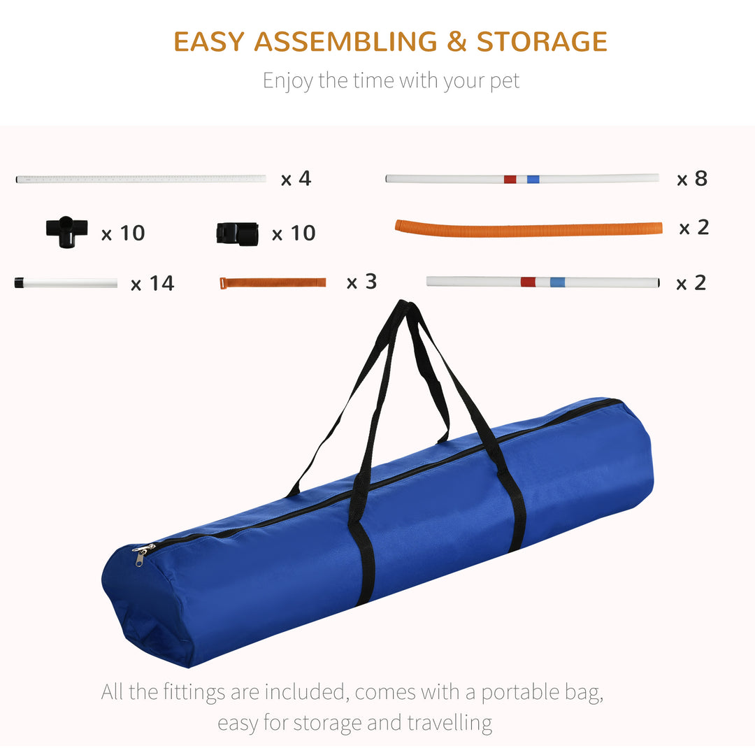 PawHut Adjustable Dog Agility Training Obstacle Set with Weaves Poles and Storage Bag for Pet Dogs Outdoor Games Exercise Blue and White