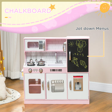 Qaba Play Kitchen for Kids, Kids Kitchen Playset w/ Chalkboard, Ice Maker, Play Phone, Sink, Microwave