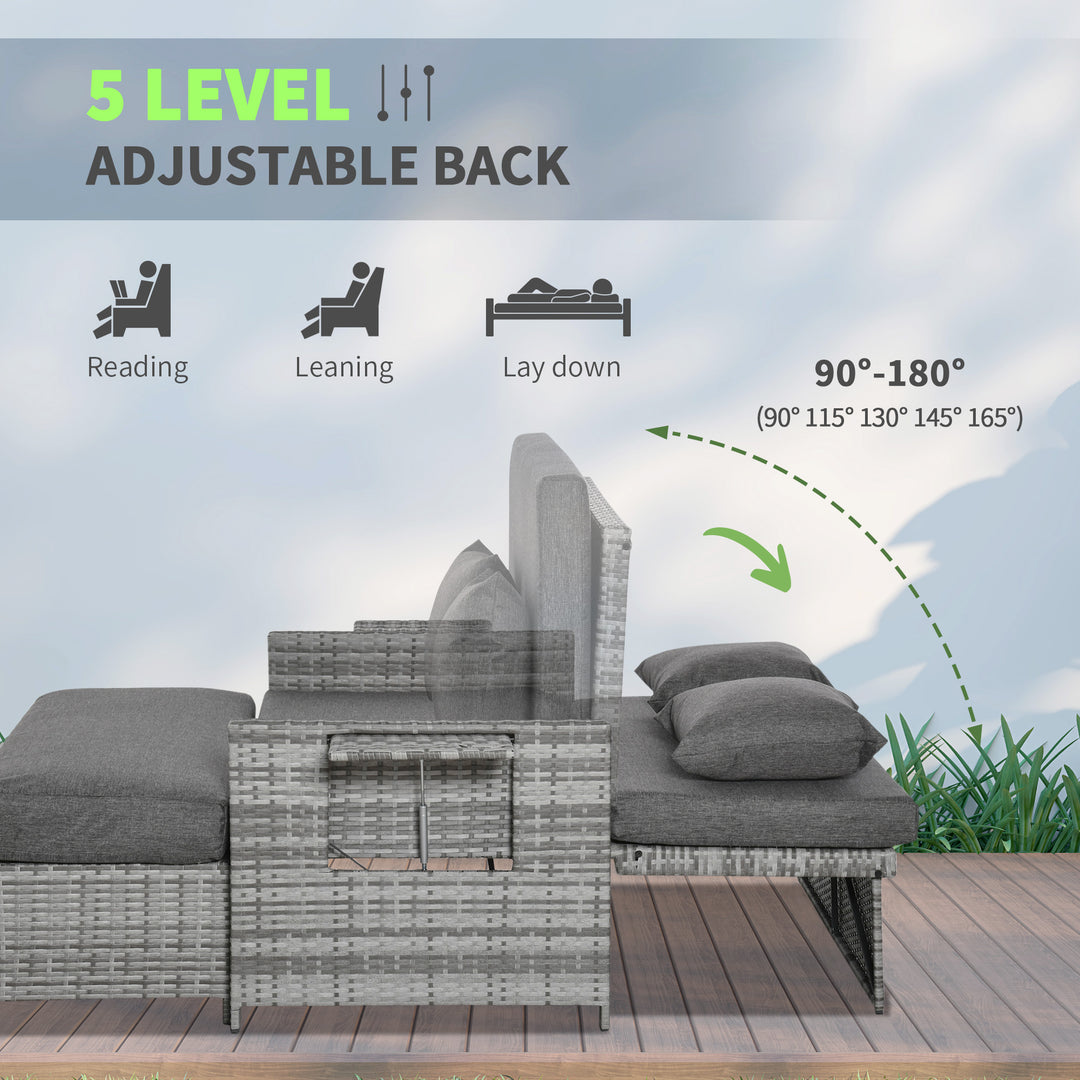 Outsunny 2 Piece Rattan Outdoor Daybed, 2 Seater Sofa Set with Footstool, Storage, Cushions and Pillows for Garden, Patio, Grey