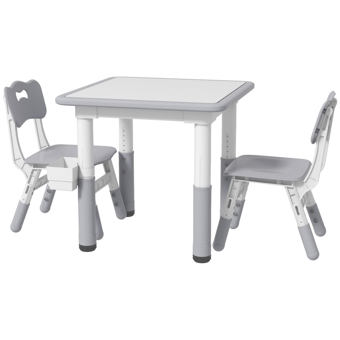 Qaba 3 Pieces Toddler Table and Chair Set, Height Adjustable Kids Table and Chair Set w/ Storage, for Playroom Grey