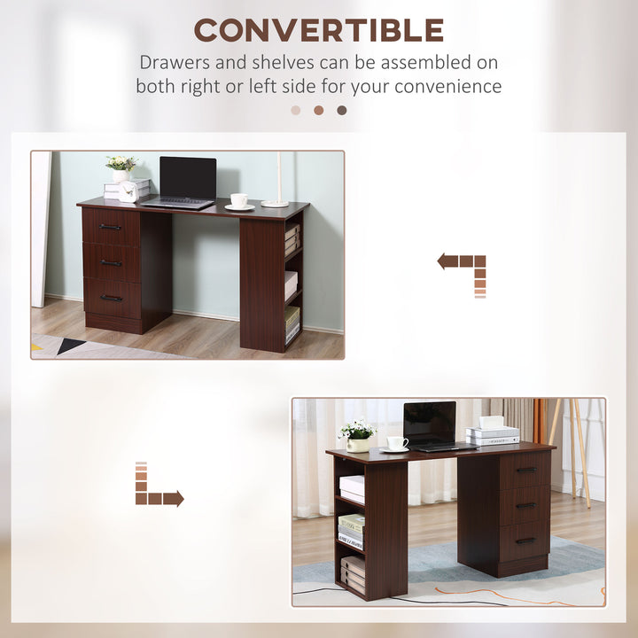 HOMCOM Computer Desk, 47" Writing Table with 3-Tier Shelves and 3 Reversible Drawers for Home Office, Bedroom, White