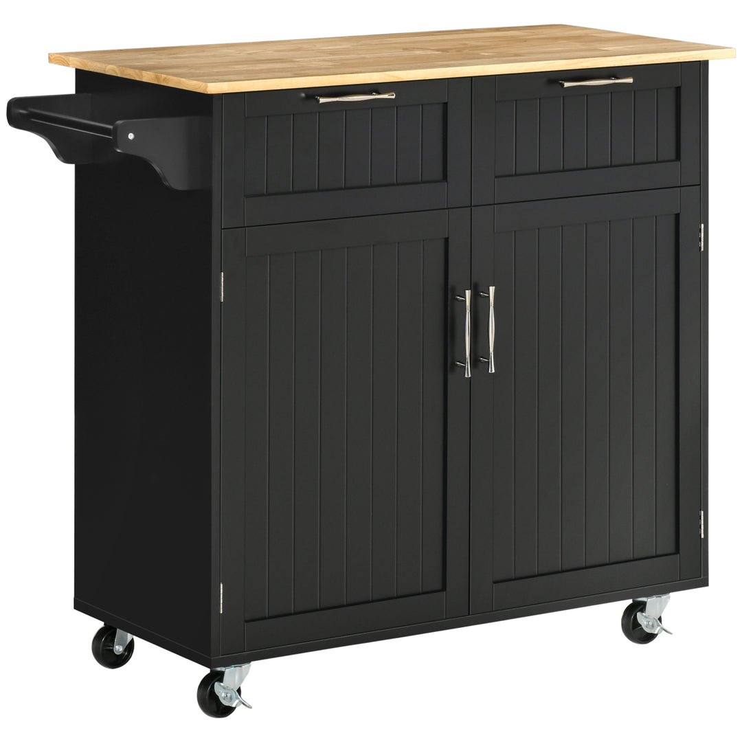 HOMCOM Rolling Kitchen Island with Storage Drawers, Kitchen Cart with Rubber Wood Top, Cabinet & Towel Rack, White